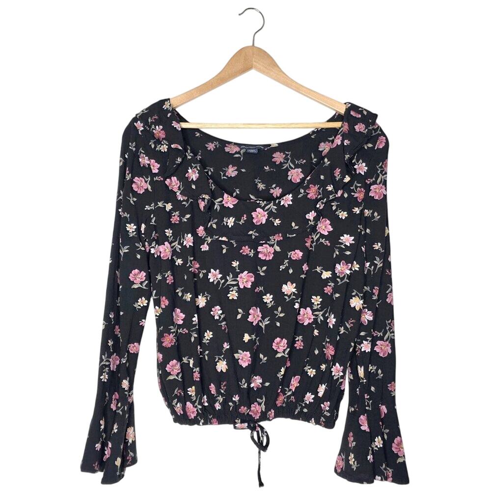 American Eagle Floral Ruffle Bell Sleeve Blouse Black Pink Boho Crop Top